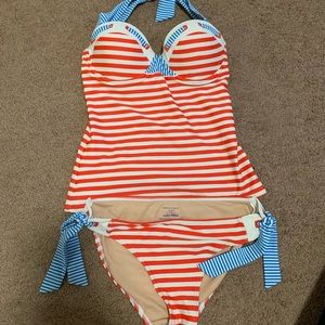 Orange and blue striped tankini